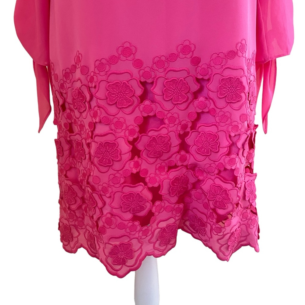 Tahari ASL Bubblegum Pink Shift Dress with Long Tie Sleeves and Lace Hem - Picture 3 of 10
